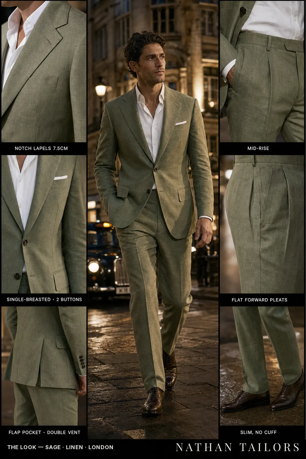 sage single-breasted notch-lapel bespoke suit — AI-rendered by Nathan Tailors, the Hoi An custom tailor. Available as a custom tailored suit from $149.