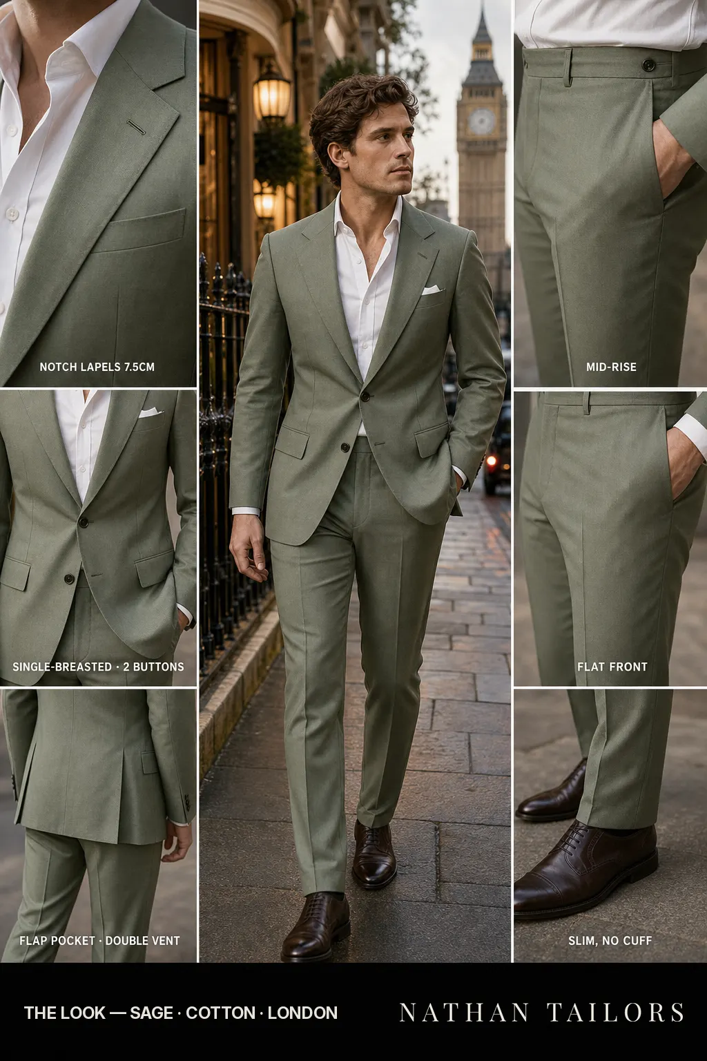 sage single-breasted notch-lapel bespoke suit — AI-rendered by Nathan Tailors, the Hoi An custom tailor. Available as a custom tailored suit from $149.