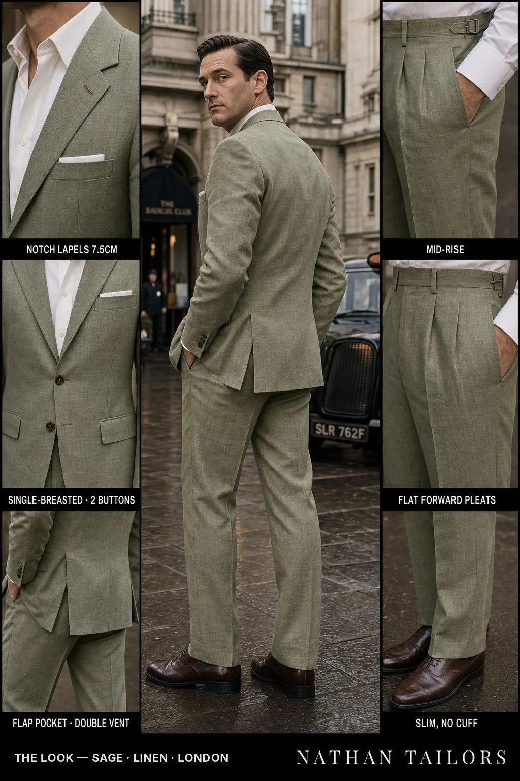 sage single-breasted notch-lapel bespoke suit โ AI-rendered by Nathan Tailors, the Hoi An custom tailor. Available as a custom tailored suit from $149.