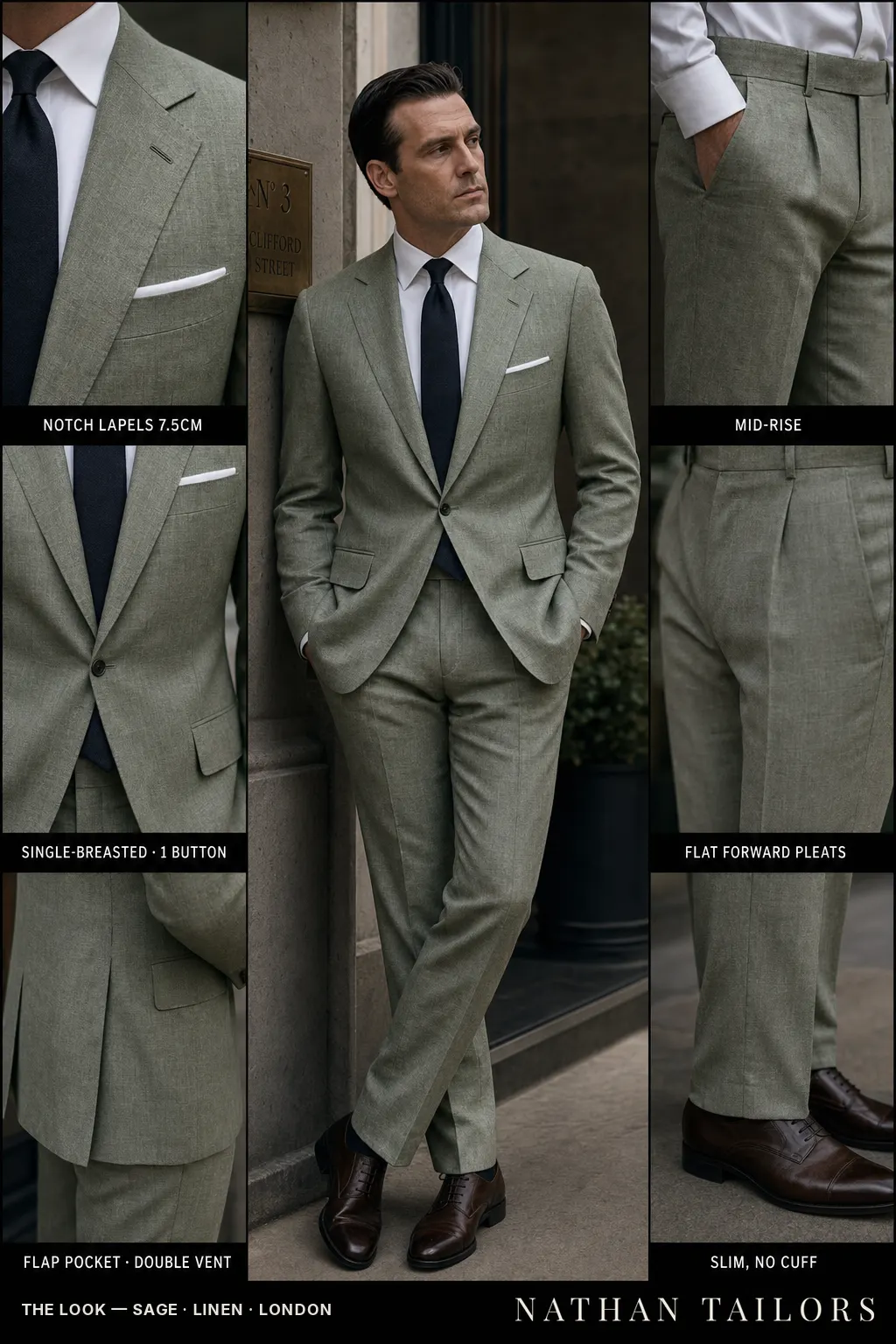 sage single-breasted notch-lapel bespoke suit โ AI-rendered by Nathan Tailors, the Hoi An custom tailor. Available as a custom tailored suit from $149.