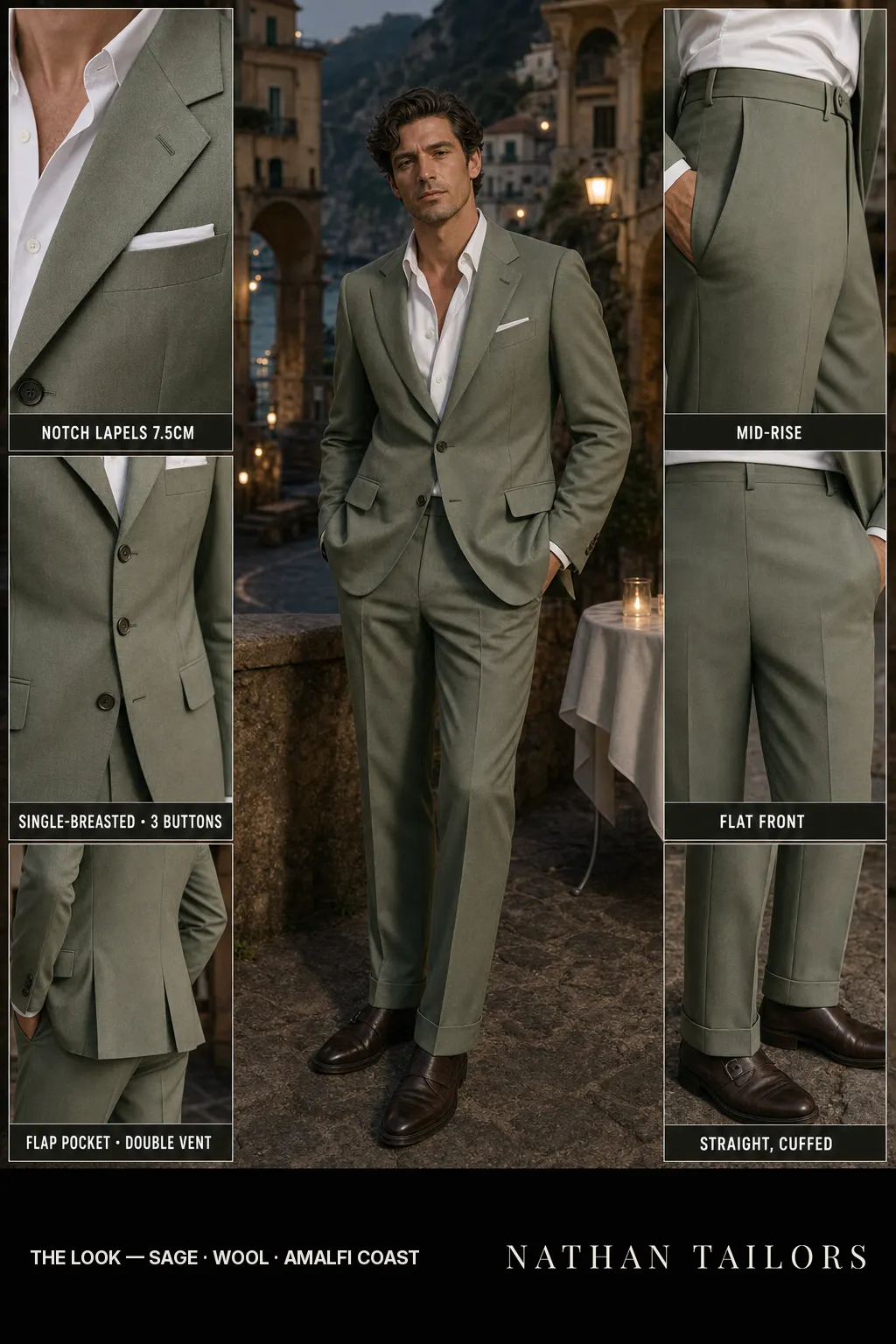 sage single-breasted notch-lapel bespoke suit — AI-rendered by Nathan Tailors, the Hoi An custom tailor. Available as a custom tailored suit from $149.