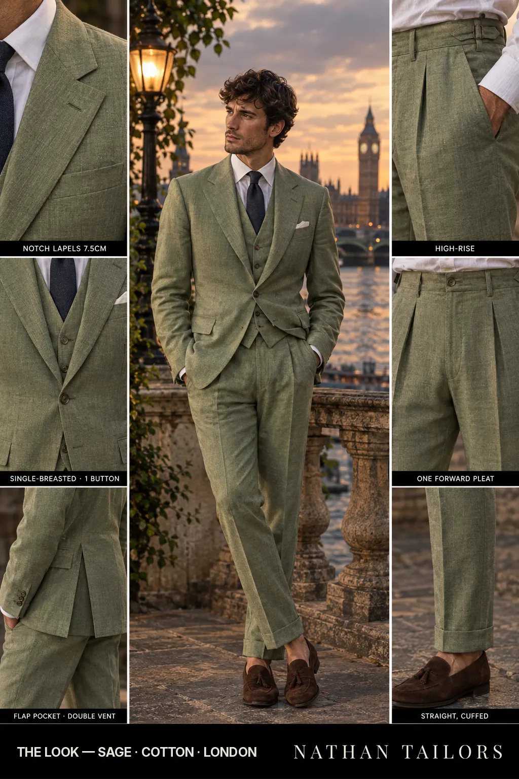 sage single-breasted bespoke suit โ custom tailored by Nathan Tailors, the Hoi An custom tailor