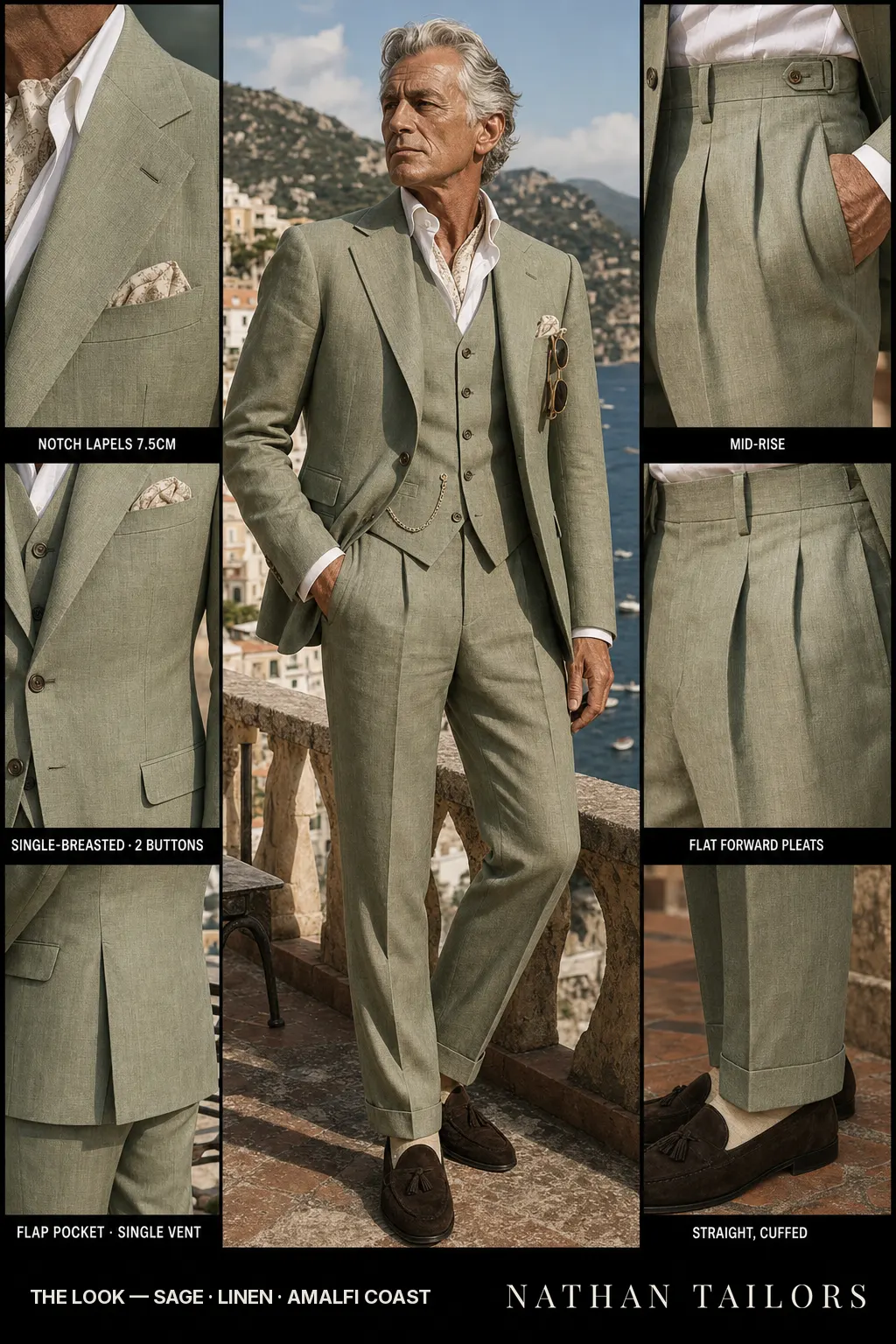 sage single-breasted notch-lapel bespoke suit โ AI-rendered by Nathan Tailors, the Hoi An custom tailor. Available as a custom tailored suit from $149.