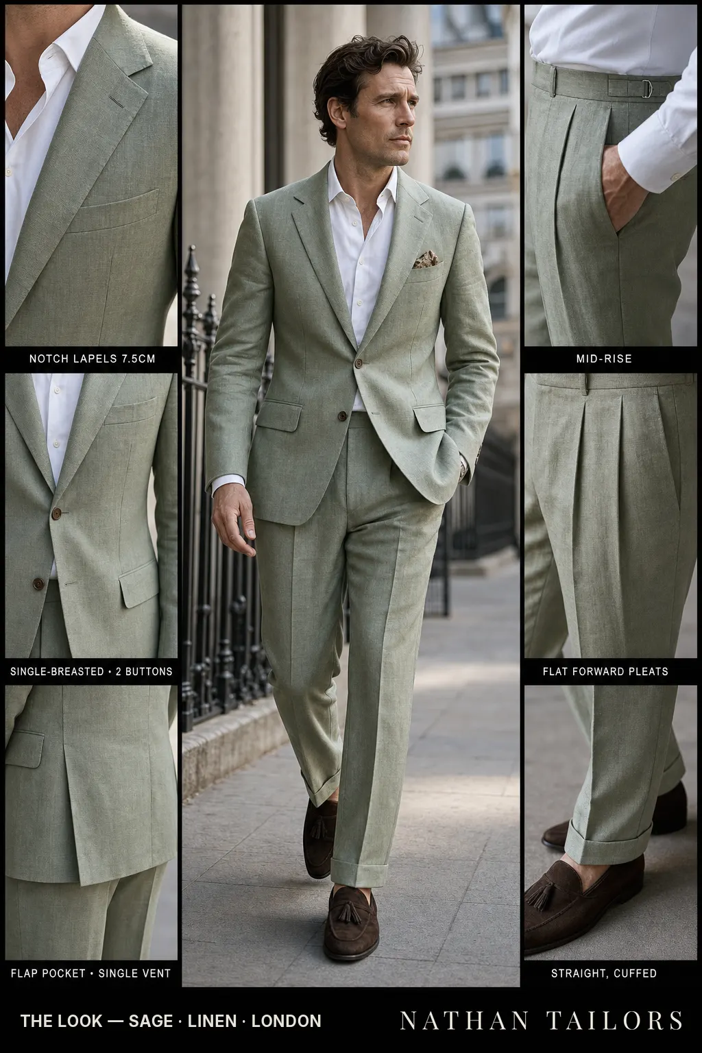 sage single-breasted notch-lapel bespoke suit — AI-rendered by Nathan Tailors, the Hoi An custom tailor. Available as a custom tailored suit from $149.