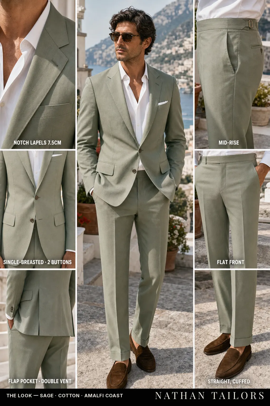 sage single-breasted notch-lapel bespoke suit — AI-rendered by Nathan Tailors, the Hoi An custom tailor. Available as a custom tailored suit from $149.