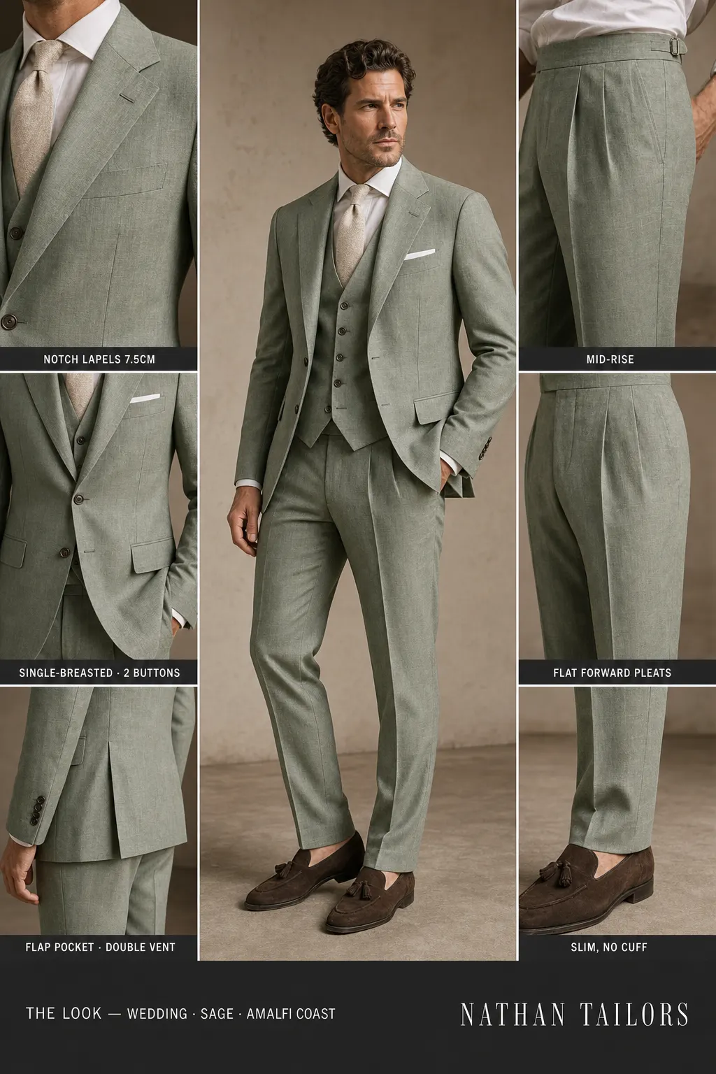 sage single-breasted notch-lapel bespoke suit โ AI-rendered by Nathan Tailors, the Hoi An custom tailor. Available as a custom tailored suit from $149.