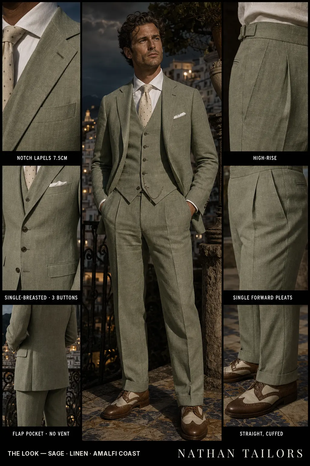 sage single-breasted notch-lapel bespoke suit โ AI-rendered by Nathan Tailors, the Hoi An custom tailor. Available as a custom tailored suit from $149.