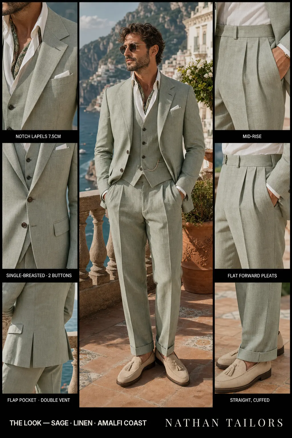 sage single-breasted notch-lapel bespoke suit — AI-rendered by Nathan Tailors, the Hoi An custom tailor. Available as a custom tailored suit from $149.