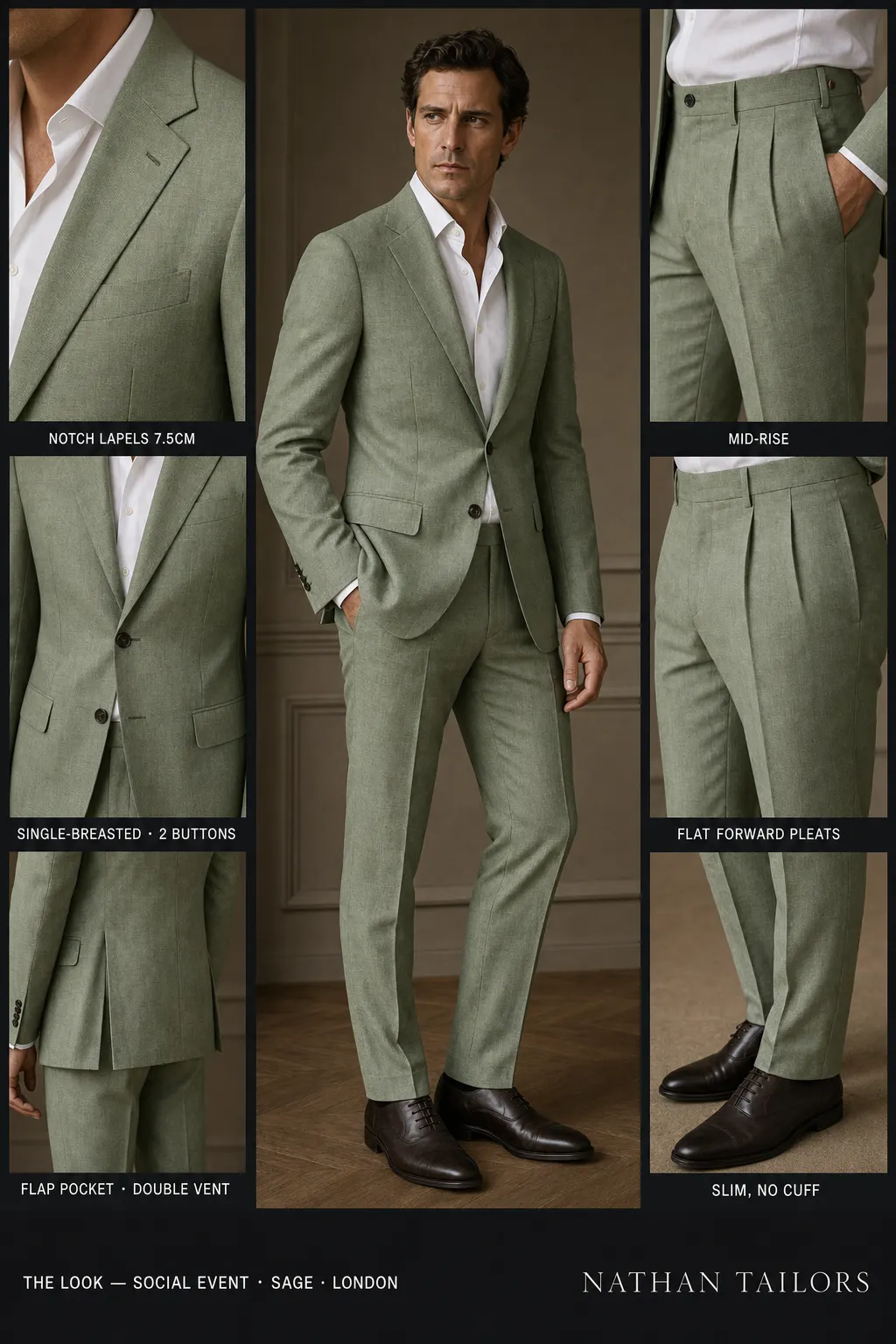 sage single-breasted notch-lapel bespoke suit โ AI-rendered by Nathan Tailors, the Hoi An custom tailor. Available as a custom tailored suit from $149.