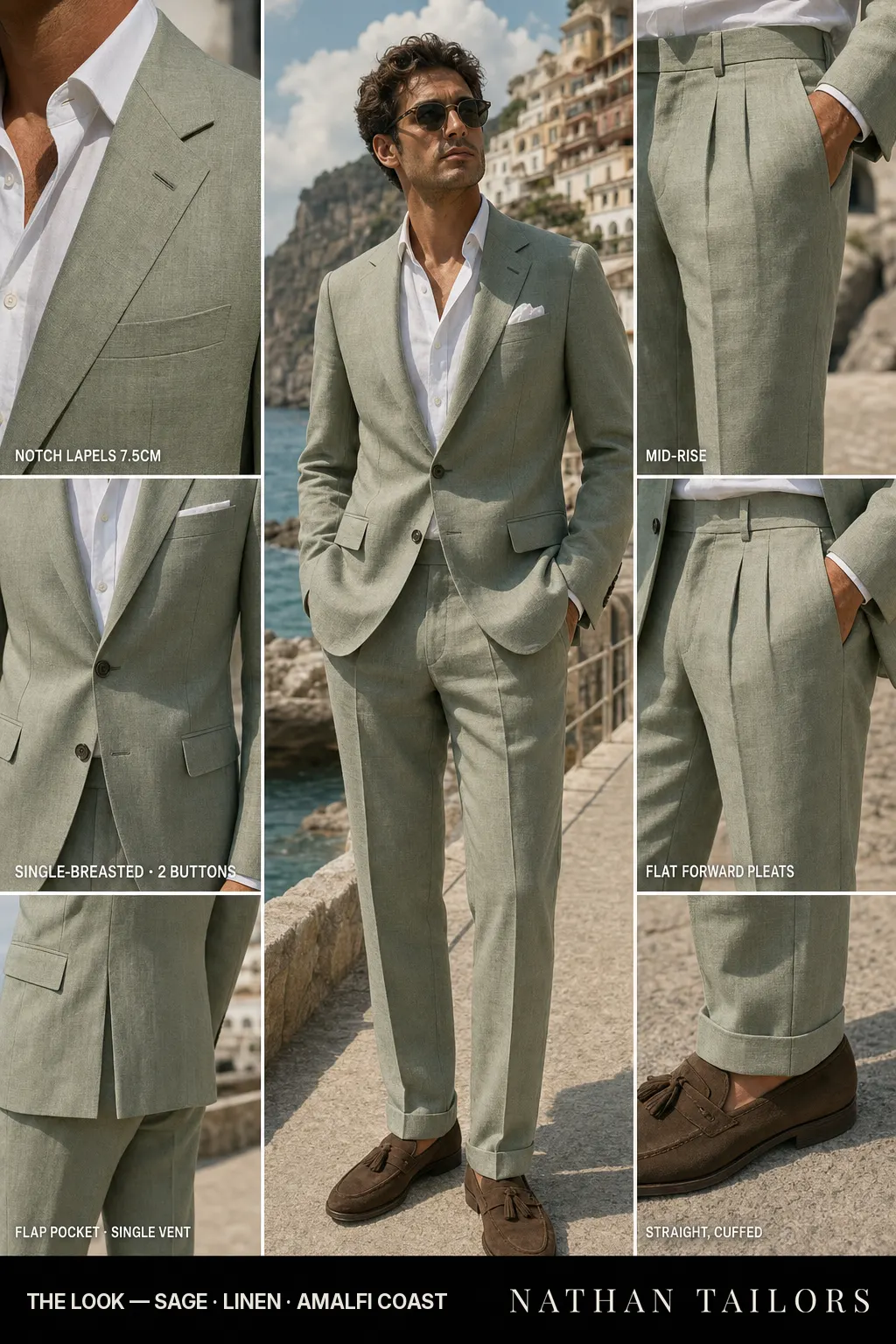sage single-breasted notch-lapel bespoke suit — AI-rendered by Nathan Tailors, the Hoi An custom tailor. Available as a custom tailored suit from $149.