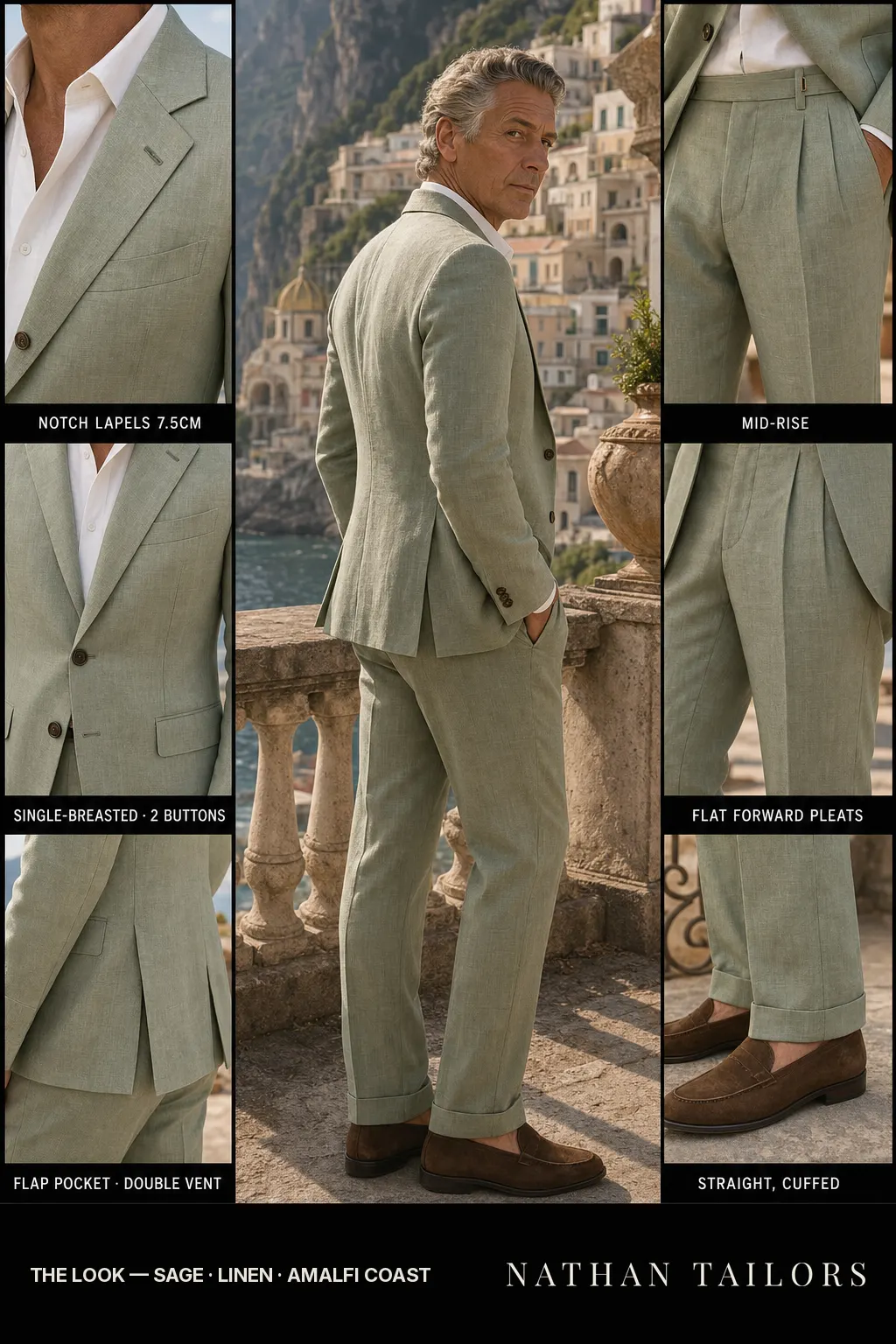 sage single-breasted notch-lapel bespoke suit — AI-rendered by Nathan Tailors, the Hoi An custom tailor. Available as a custom tailored suit from $149.