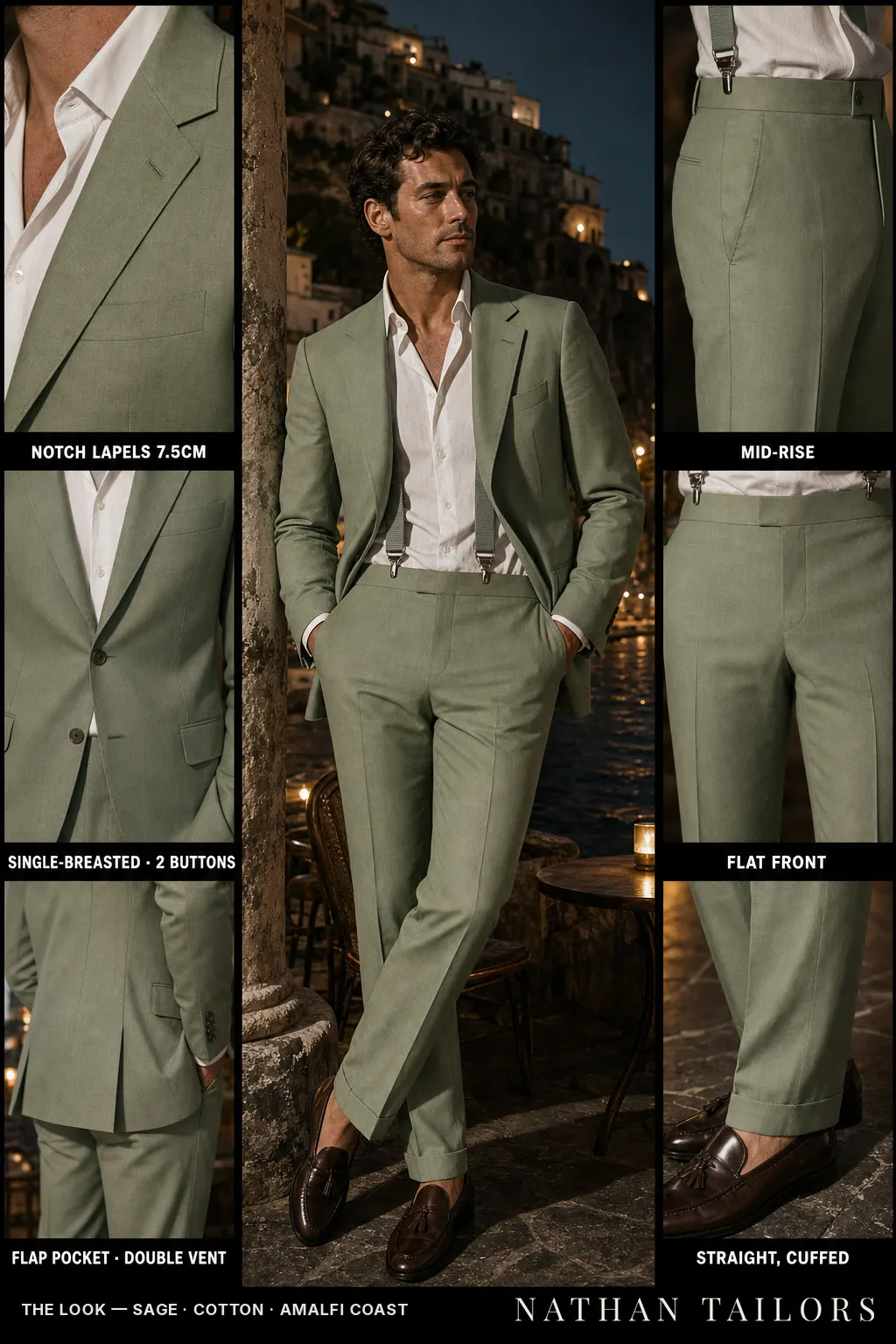 sage single-breasted notch-lapel bespoke suit — AI-rendered by Nathan Tailors, the Hoi An custom tailor. Available as a custom tailored suit from $149.