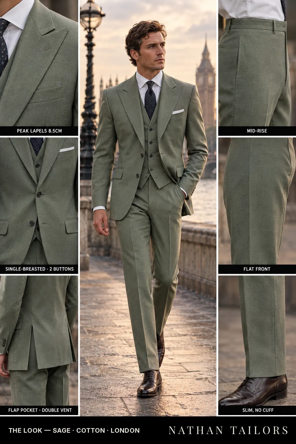 sage single-breasted bespoke suit — custom tailored by Nathan Tailors, the Hoi An custom tailor
