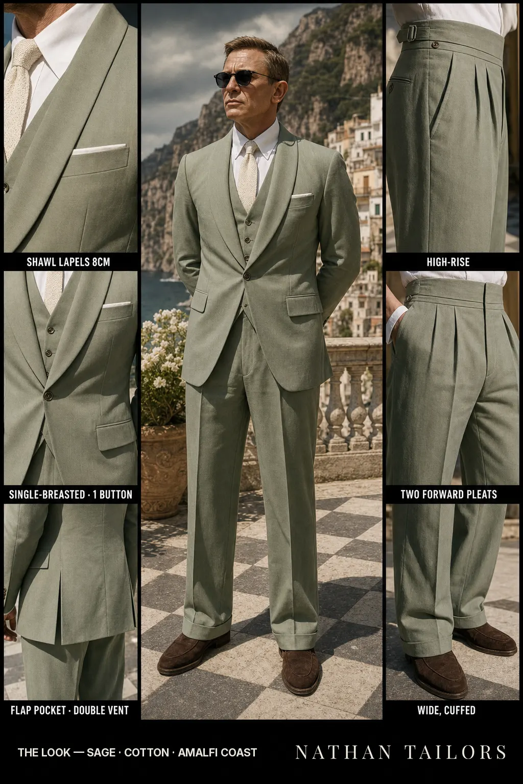 sage single-breasted shawl-lapel bespoke suit — AI-rendered by Nathan Tailors, the Hoi An custom tailor. Available as a custom tailored suit from $149.