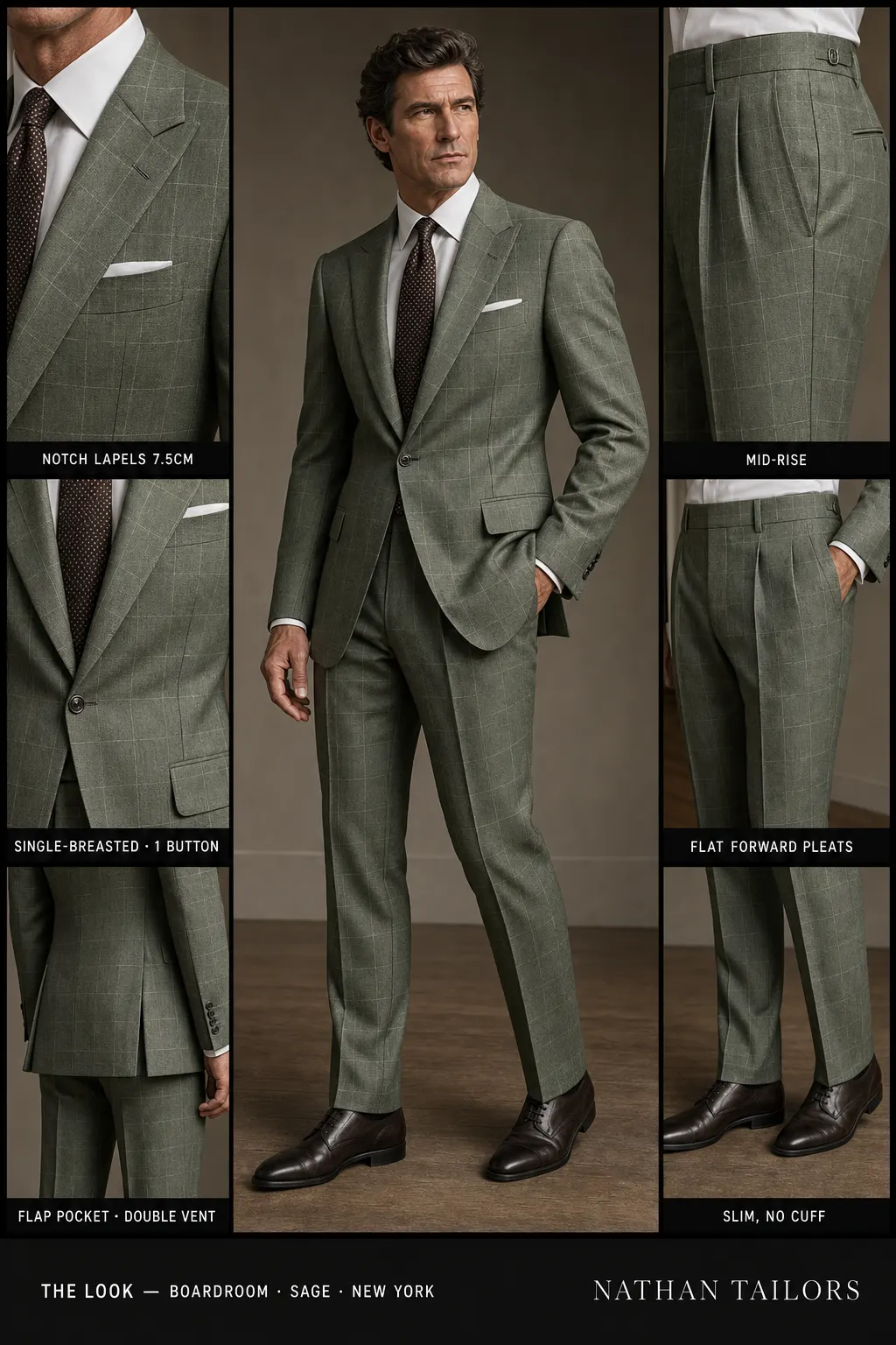 sage windowpane single-breasted notch-lapel bespoke suit โ AI-rendered by Nathan Tailors, the Hoi An custom tailor. Available as a custom tailored suit from $149.