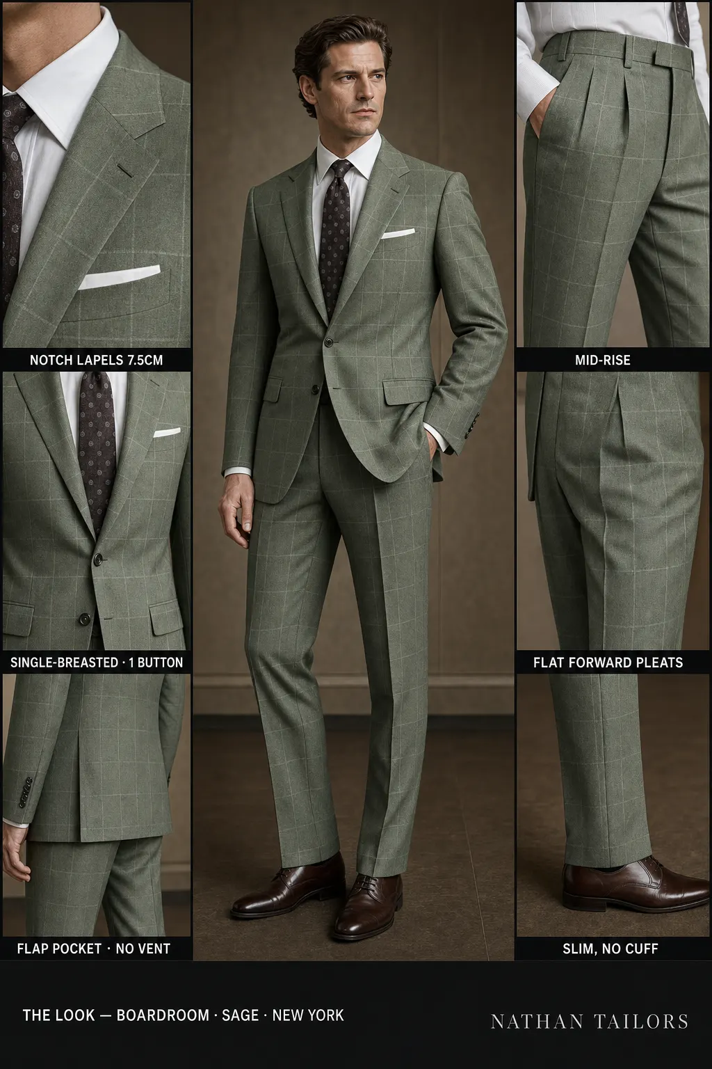 sage windowpane single-breasted notch-lapel bespoke suit — AI-rendered by Nathan Tailors, the Hoi An custom tailor. Available as a custom tailored suit from $149.