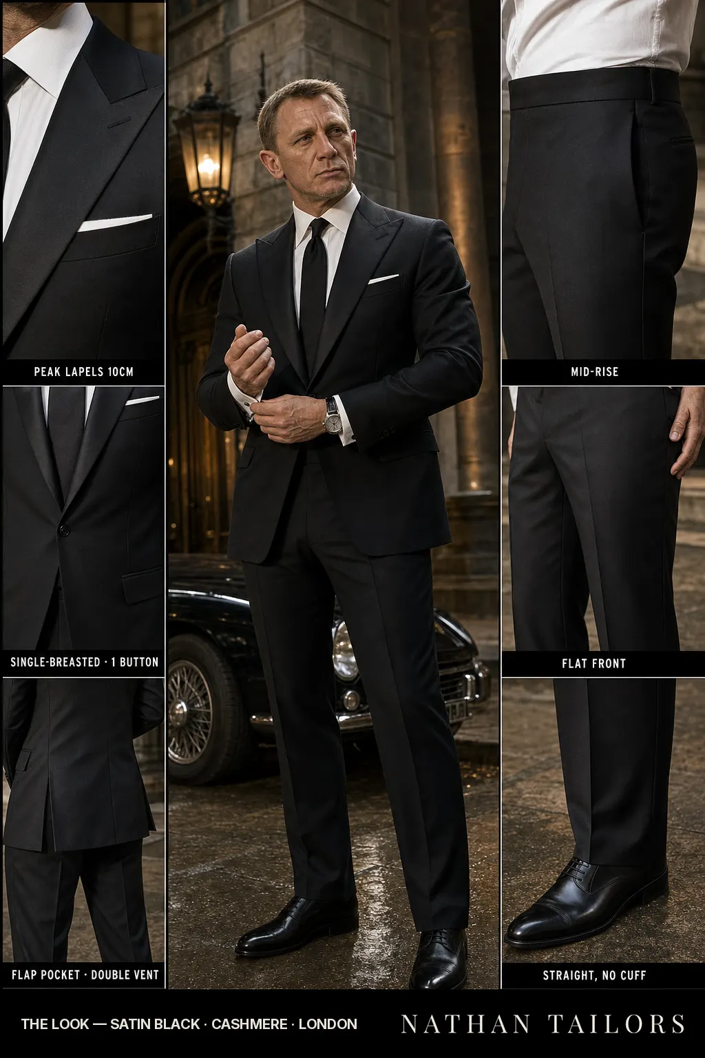 satin black single-breasted bespoke suit — custom tailored by Nathan Tailors, the Hoi An custom tailor
