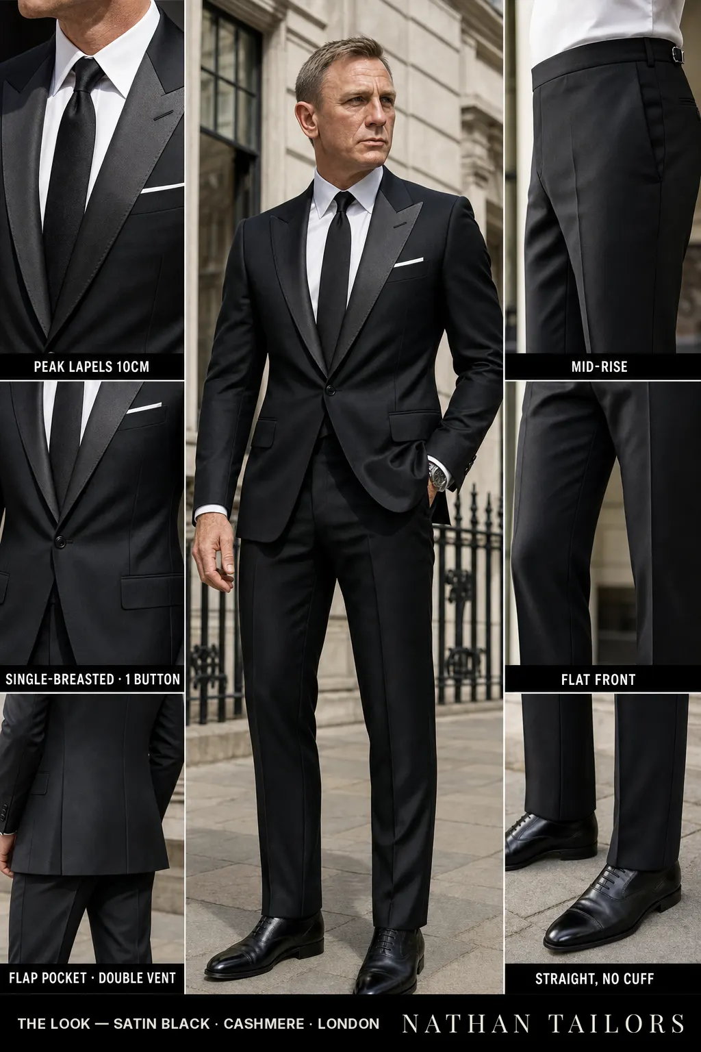 satin black single-breasted bespoke suit — custom tailored by Nathan Tailors, the Hoi An custom tailor