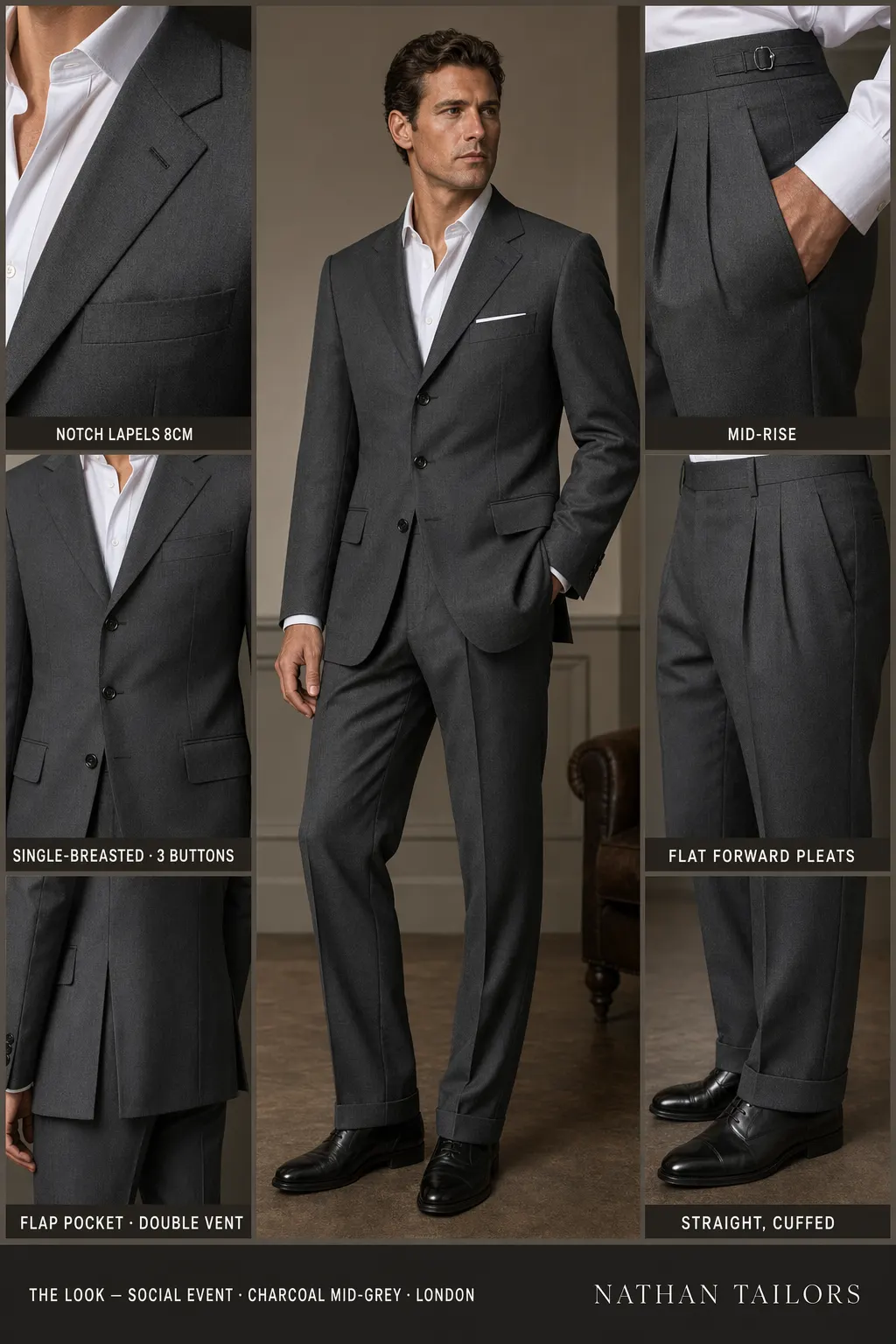 charcoal mid-grey single-breasted notch-lapel bespoke suit — AI-rendered by Nathan Tailors, the Hoi An custom tailor. Available as a custom tailored suit from $169.