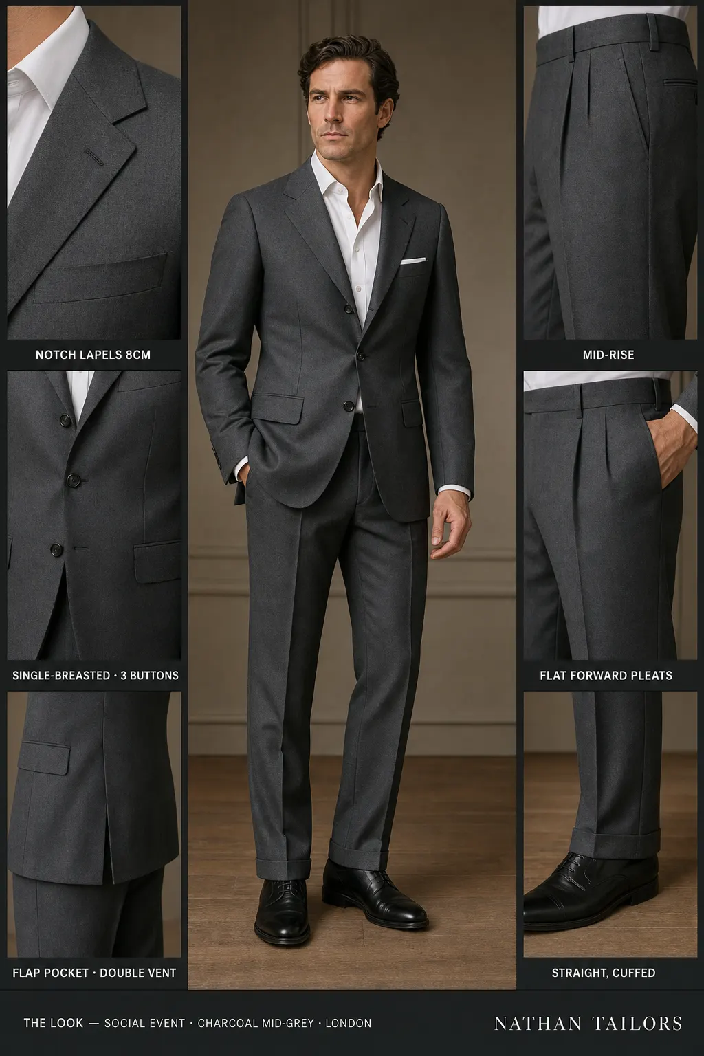 charcoal mid-grey single-breasted notch-lapel bespoke suit — AI-rendered by Nathan Tailors, the Hoi An custom tailor. Available as a custom tailored suit from $149.