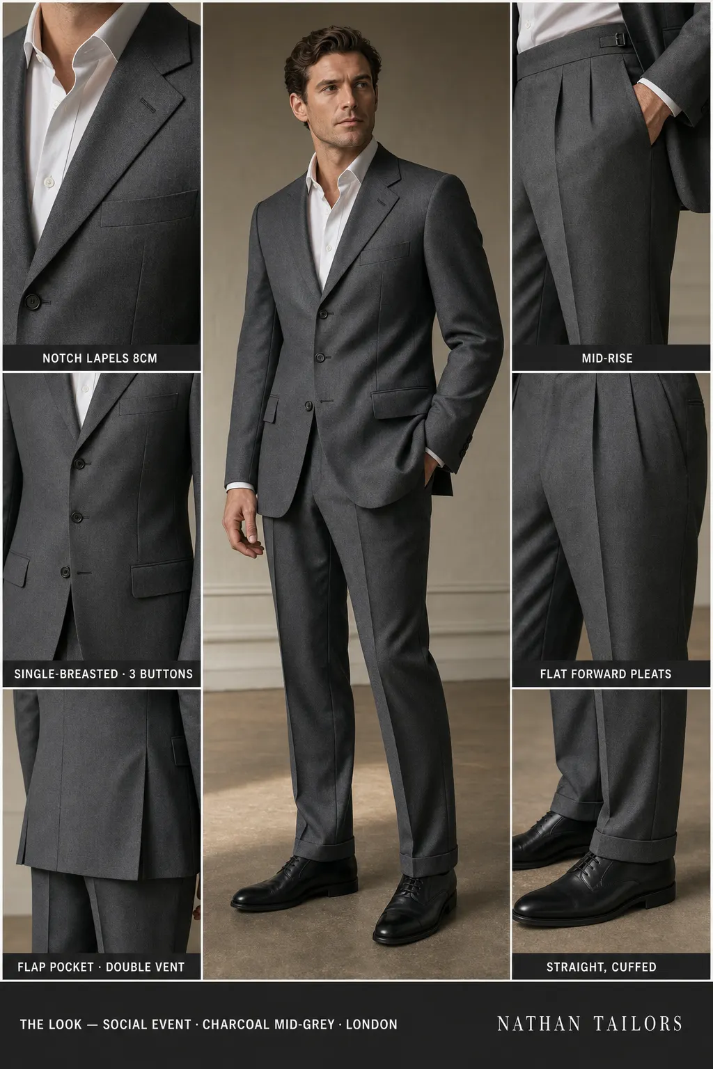 charcoal mid-grey single-breasted notch-lapel bespoke suit — AI-rendered by Nathan Tailors, the Hoi An custom tailor. Available as a custom tailored suit from $149.