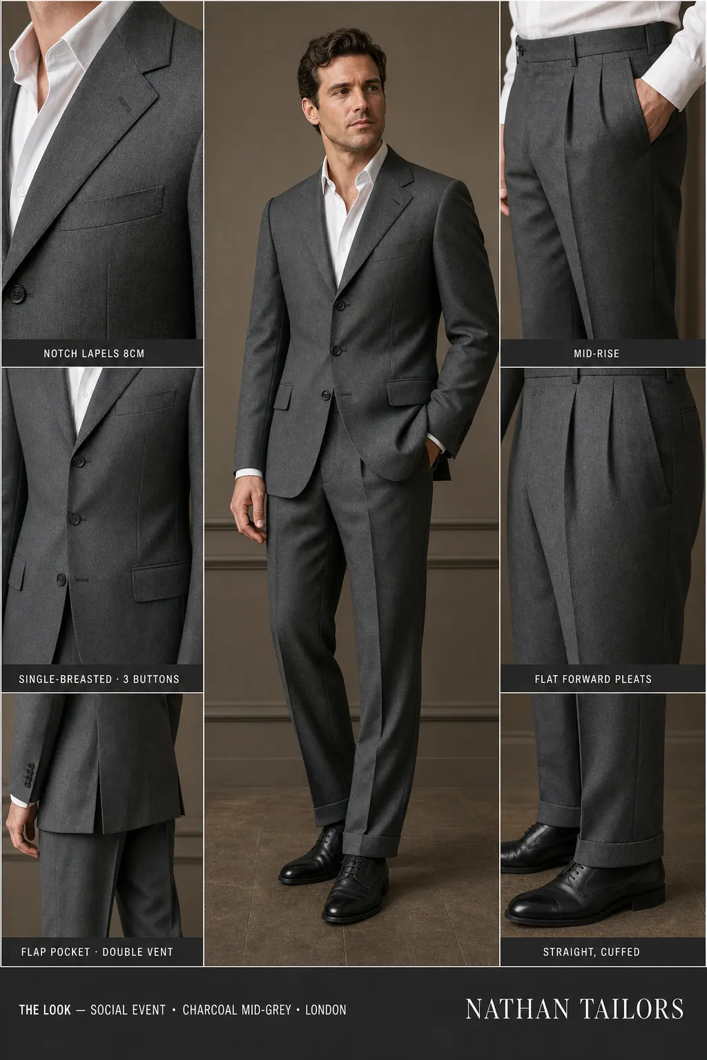 charcoal mid-grey single-breasted notch-lapel bespoke suit — AI-rendered by Nathan Tailors, the Hoi An custom tailor. Available as a custom tailored suit from $149.