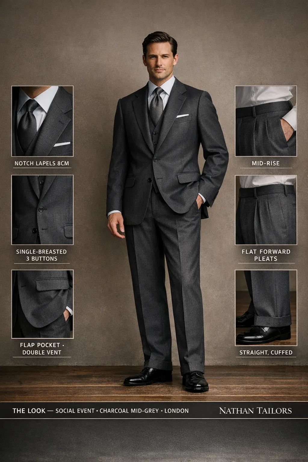 charcoal mid-grey single-breasted notch-lapel bespoke suit — AI-rendered by Nathan Tailors, the Hoi An custom tailor. Available as a custom tailored suit from $149.