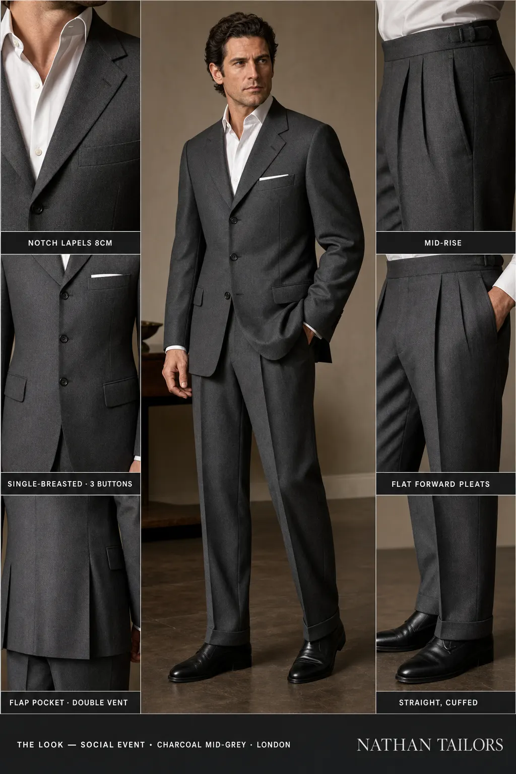 charcoal mid-grey single-breasted notch-lapel bespoke suit — AI-rendered by Nathan Tailors, the Hoi An custom tailor. Available as a custom tailored suit from $149.