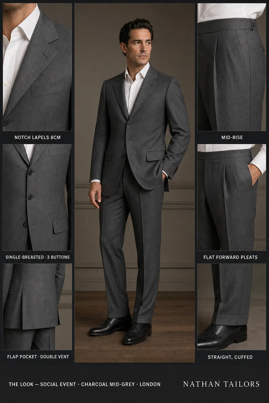 charcoal mid-grey single-breasted notch-lapel bespoke suit — AI-rendered by Nathan Tailors, the Hoi An custom tailor. Available as a custom tailored suit from $149.