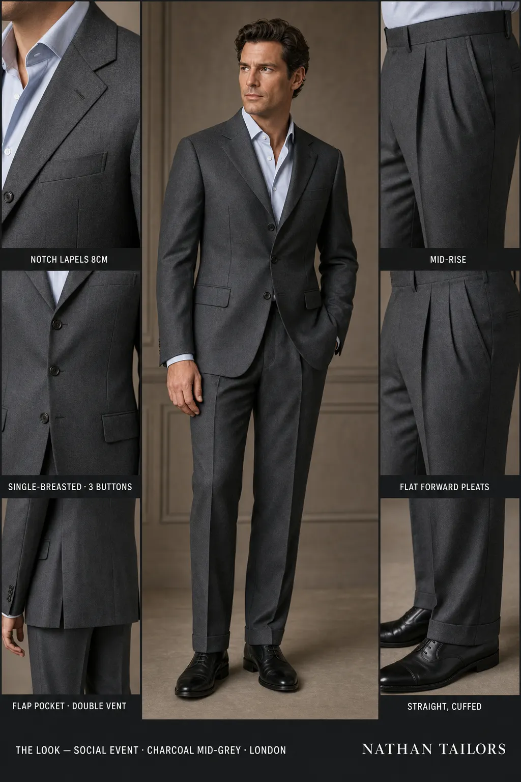 charcoal mid-grey single-breasted notch-lapel bespoke suit — AI-rendered by Nathan Tailors, the Hoi An custom tailor. Available as a custom tailored suit from $149.