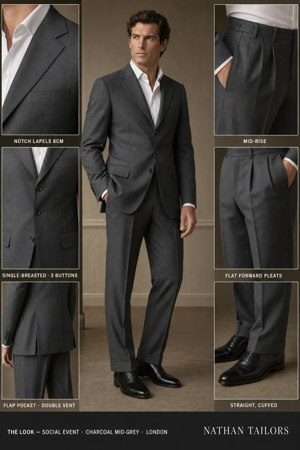 charcoal mid-grey single-breasted notch-lapel bespoke suit — AI-rendered by Nathan Tailors, the Hoi An custom tailor. Available as a custom tailored suit from $149.