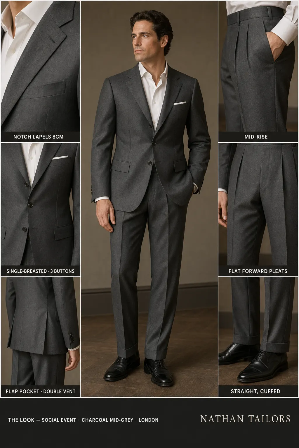 charcoal mid-grey single-breasted notch-lapel bespoke suit — AI-rendered by Nathan Tailors, the Hoi An custom tailor. Available as a custom tailored suit from $149.