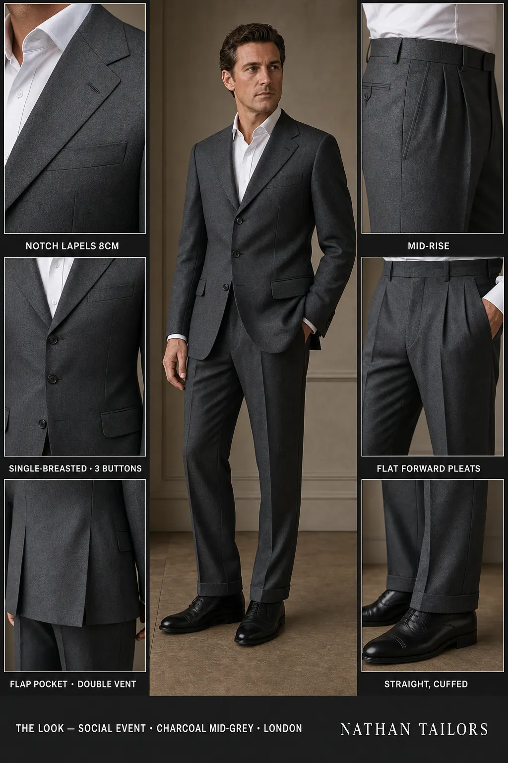 charcoal mid-grey single-breasted notch-lapel bespoke suit — AI-rendered by Nathan Tailors, the Hoi An custom tailor. Available as a custom tailored suit from $149.