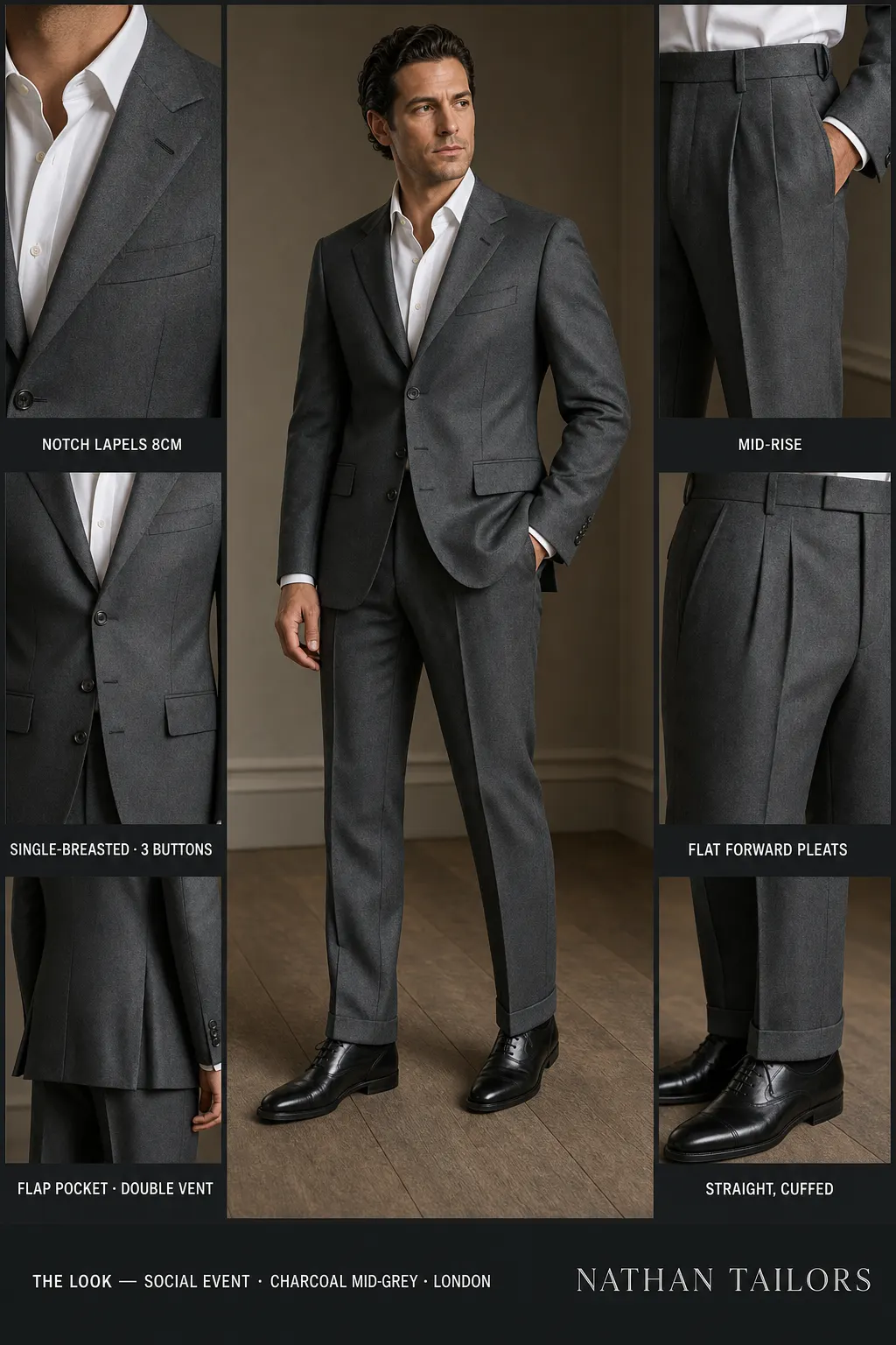 charcoal mid-grey single-breasted notch-lapel bespoke suit — AI-rendered by Nathan Tailors, the Hoi An custom tailor. Available as a custom tailored suit from $149.