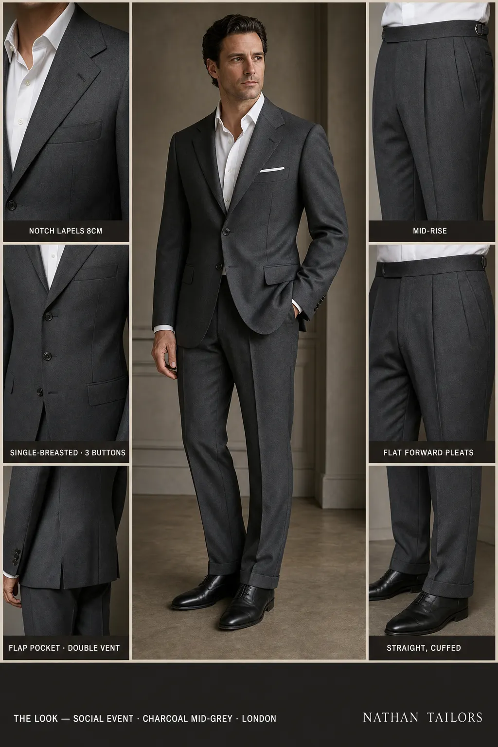 charcoal mid-grey single-breasted notch-lapel bespoke suit — AI-rendered by Nathan Tailors, the Hoi An custom tailor. Available as a custom tailored suit from $149.