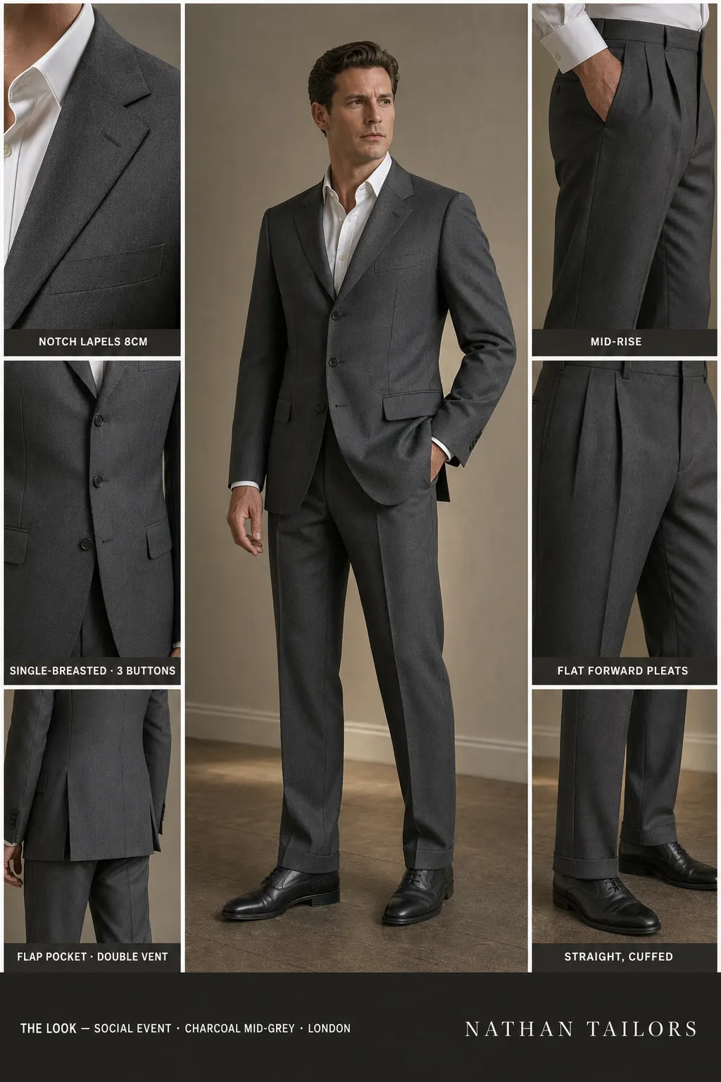 charcoal mid-grey single-breasted notch-lapel bespoke suit — AI-rendered by Nathan Tailors, the Hoi An custom tailor. Available as a custom tailored suit from $149.