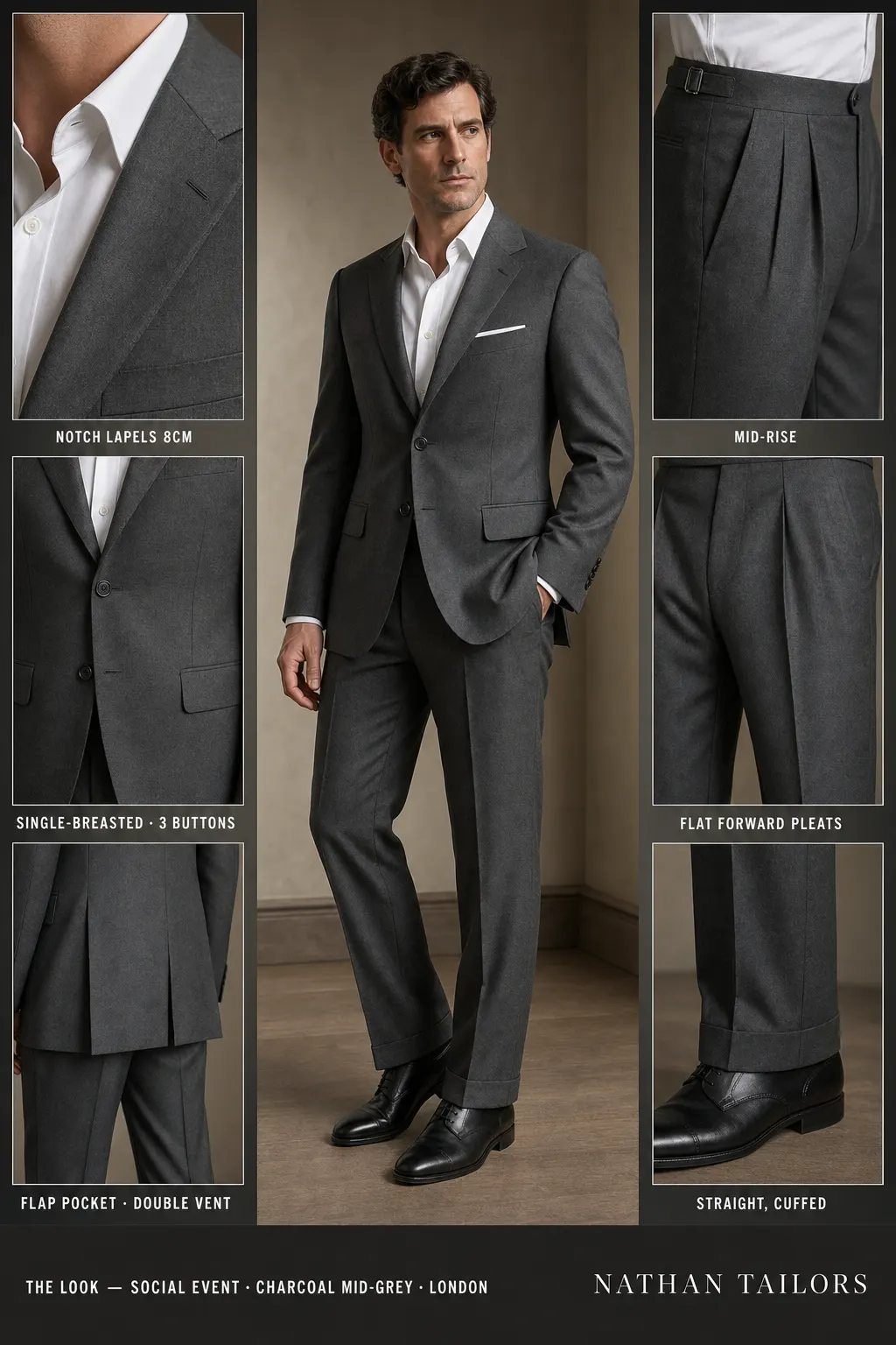 charcoal mid-grey single-breasted notch-lapel bespoke suit — AI-rendered by Nathan Tailors, the Hoi An custom tailor. Available as a custom tailored suit from $149.