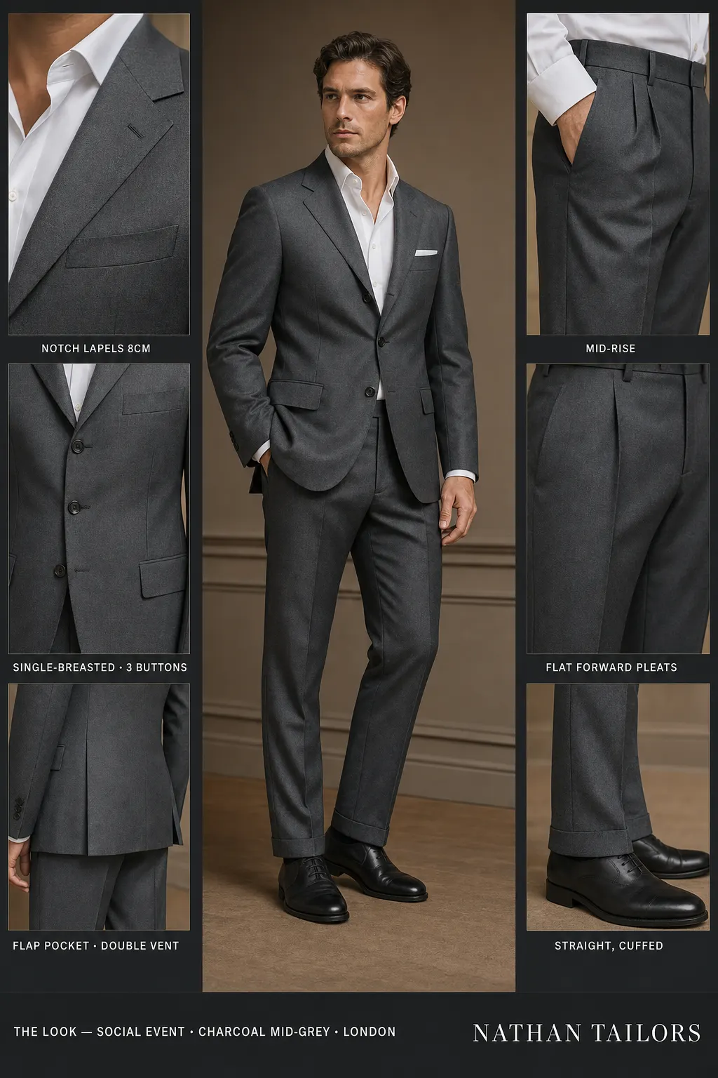 charcoal mid-grey single-breasted notch-lapel bespoke suit — AI-rendered by Nathan Tailors, the Hoi An custom tailor. Available as a custom tailored suit from $149.
