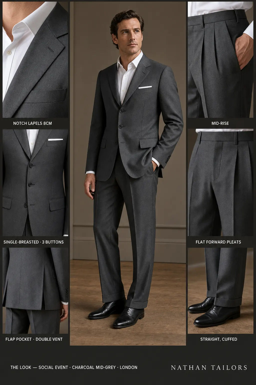 charcoal mid-grey single-breasted notch-lapel bespoke suit — AI-rendered by Nathan Tailors, the Hoi An custom tailor. Available as a custom tailored suit from $149.