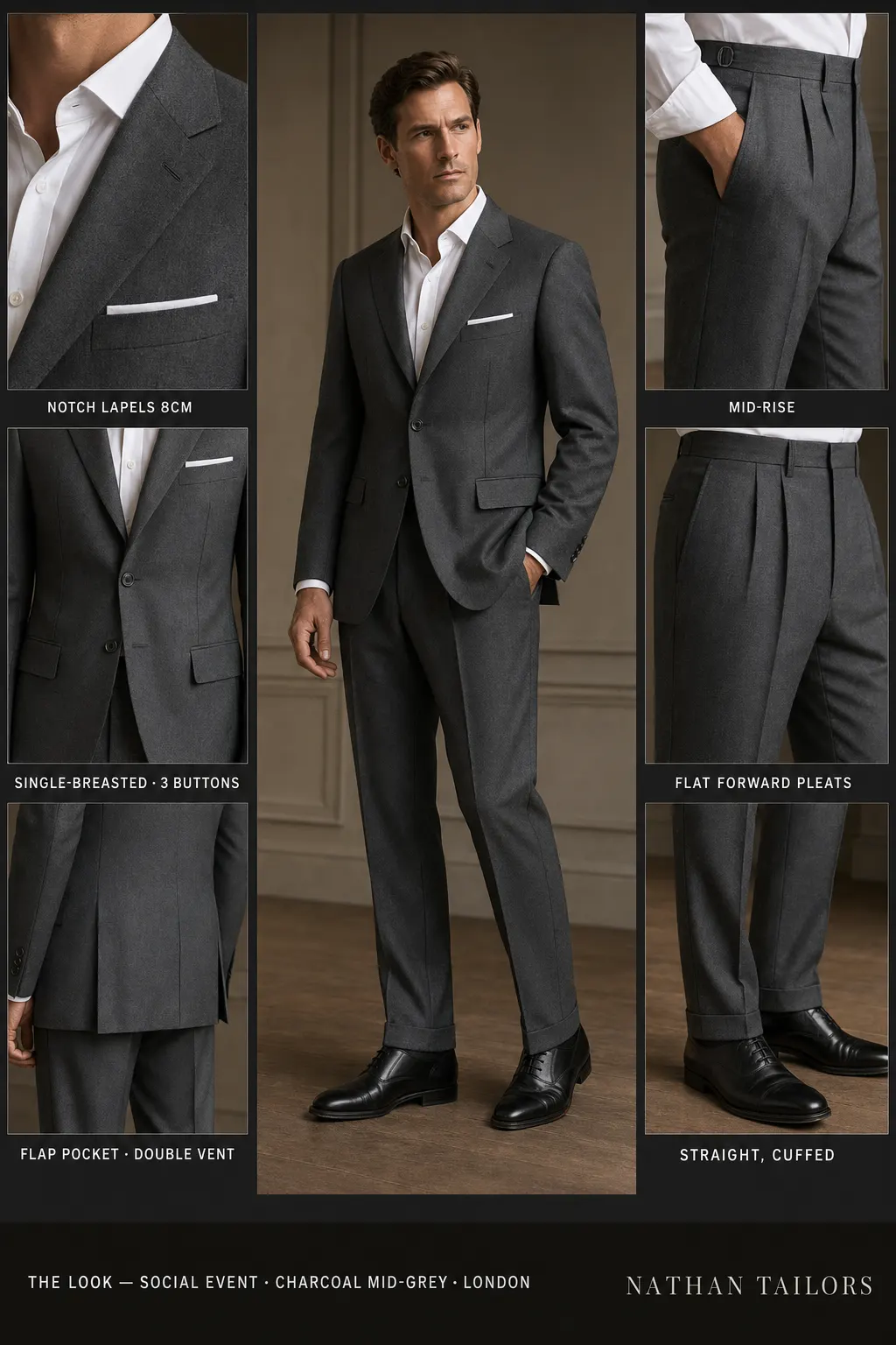 charcoal mid-grey single-breasted notch-lapel bespoke suit — AI-rendered by Nathan Tailors, the Hoi An custom tailor. Available as a custom tailored suit from $149.
