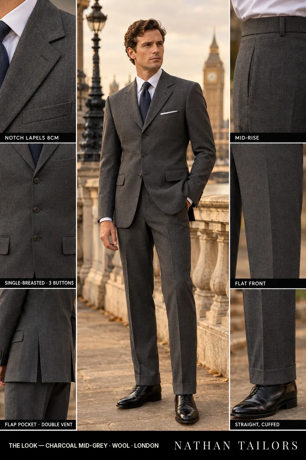 charcoal mid-grey single-breasted bespoke suit โ custom tailored by Nathan Tailors, the Hoi An custom tailor