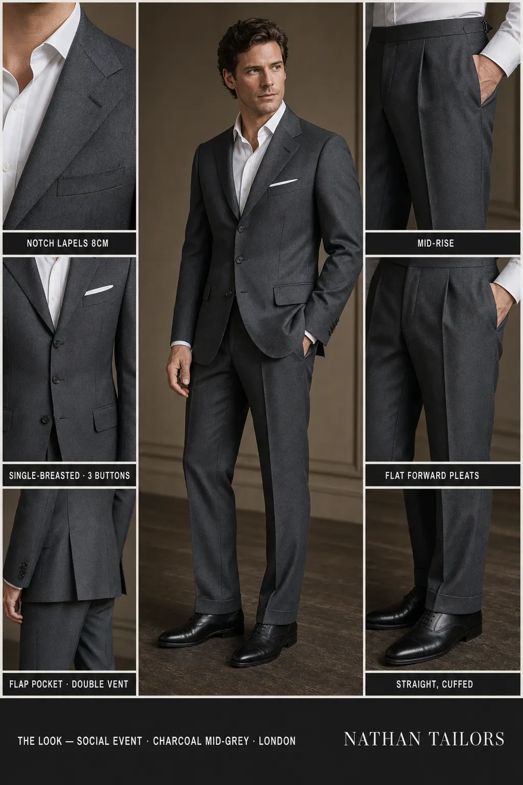 charcoal mid-grey single-breasted notch-lapel bespoke suit — AI-rendered by Nathan Tailors, the Hoi An custom tailor. Available as a custom tailored suit from $149.