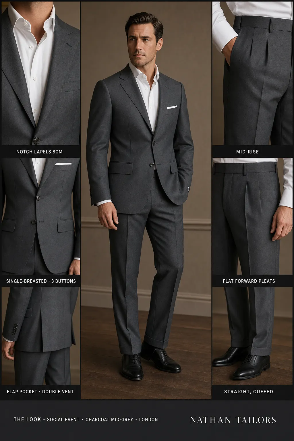 charcoal mid-grey single-breasted notch-lapel bespoke suit — AI-rendered by Nathan Tailors, the Hoi An custom tailor. Available as a custom tailored suit from $149.