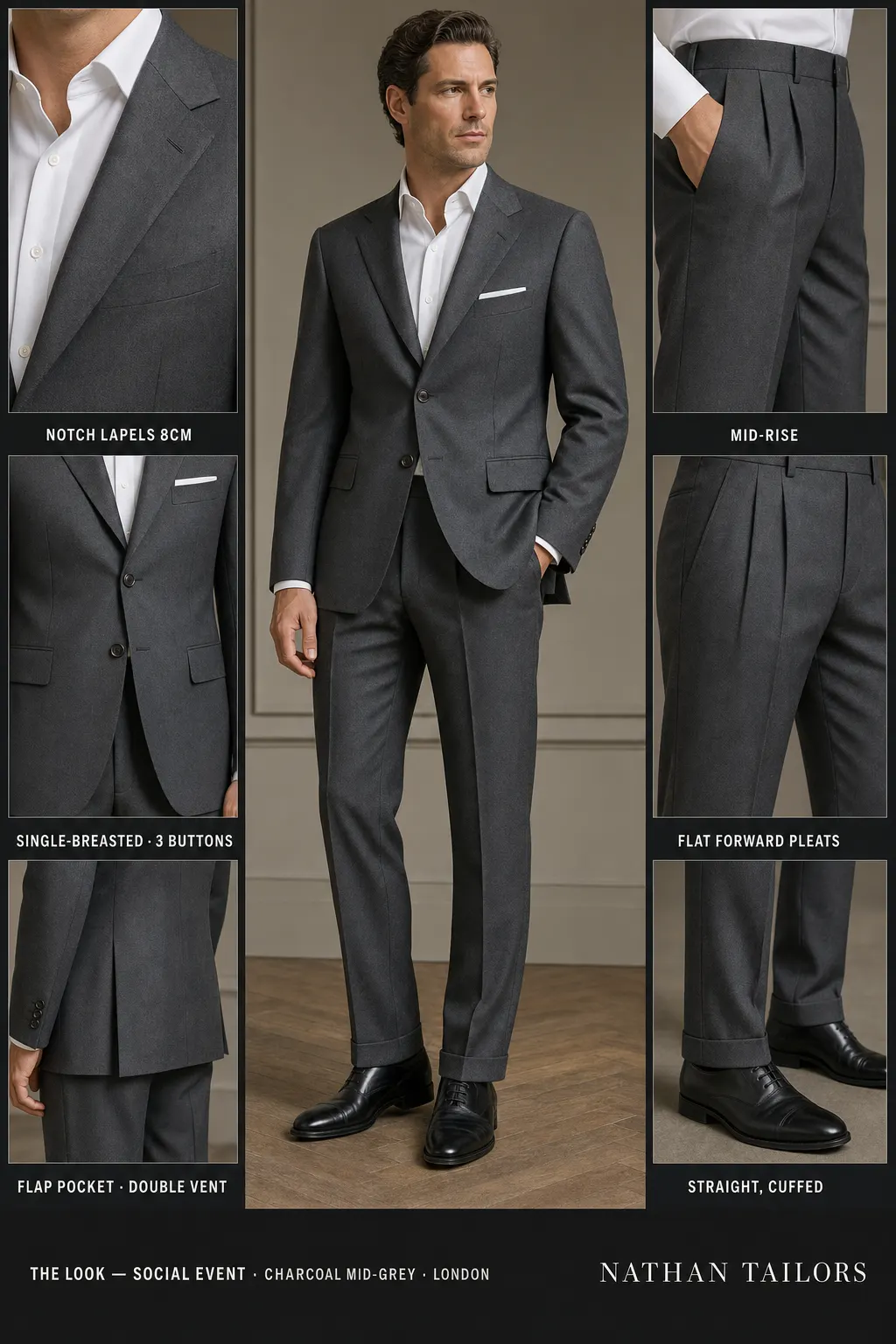 charcoal mid-grey single-breasted notch-lapel bespoke suit — AI-rendered by Nathan Tailors, the Hoi An custom tailor. Available as a custom tailored suit from $149.