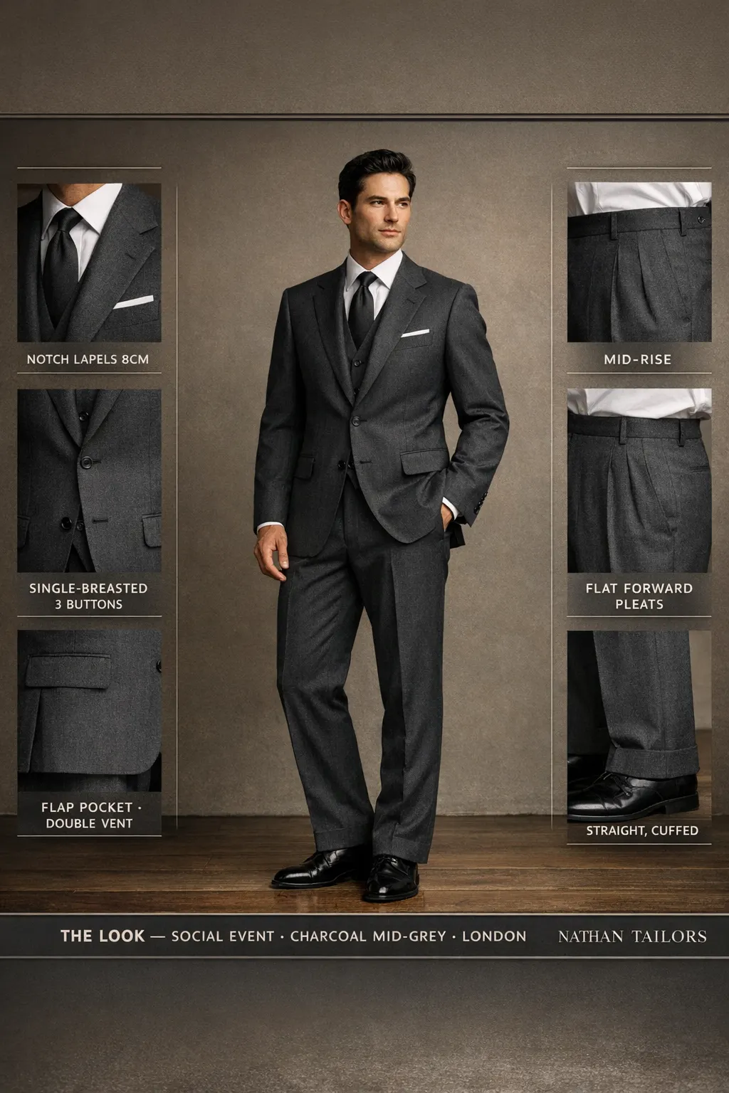 charcoal mid-grey single-breasted notch-lapel bespoke suit — AI-rendered by Nathan Tailors, the Hoi An custom tailor. Available as a custom tailored suit from $149.