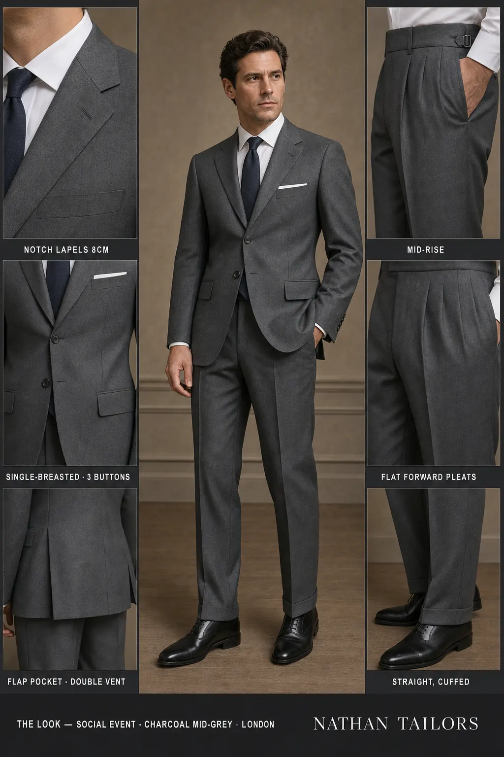 charcoal mid-grey single-breasted notch-lapel bespoke suit — AI-rendered by Nathan Tailors, the Hoi An custom tailor. Available as a custom tailored suit from $149.