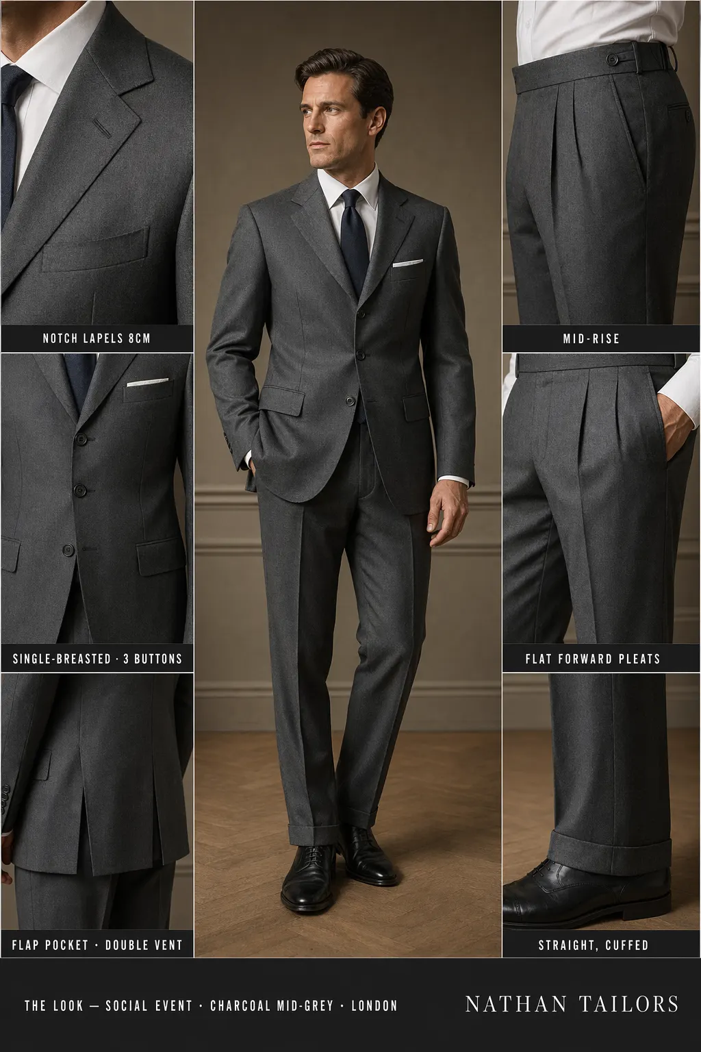 charcoal mid-grey single-breasted notch-lapel bespoke suit — AI-rendered by Nathan Tailors, the Hoi An custom tailor. Available as a custom tailored suit from $149.