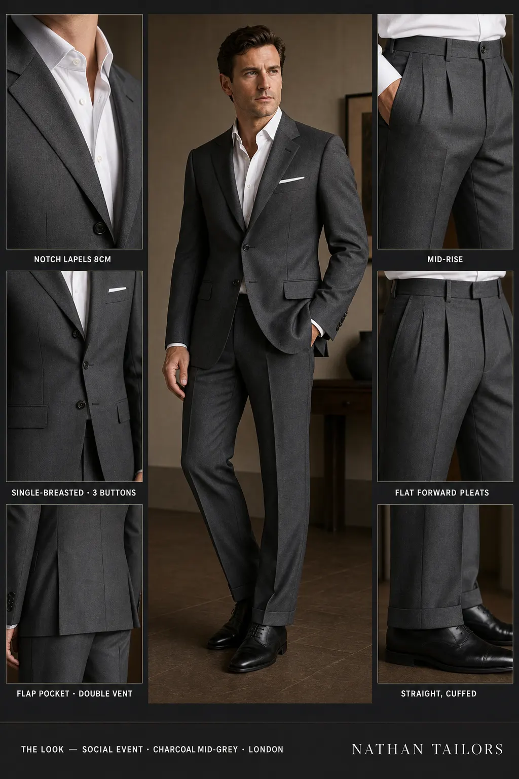 charcoal mid-grey single-breasted notch-lapel bespoke suit — AI-rendered by Nathan Tailors, the Hoi An custom tailor. Available as a custom tailored suit from $149.