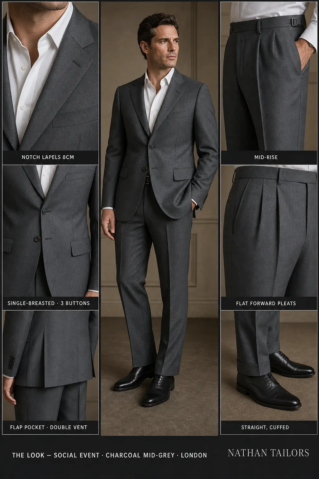 charcoal mid-grey single-breasted notch-lapel bespoke suit — AI-rendered by Nathan Tailors, the Hoi An custom tailor. Available as a custom tailored suit from $149.