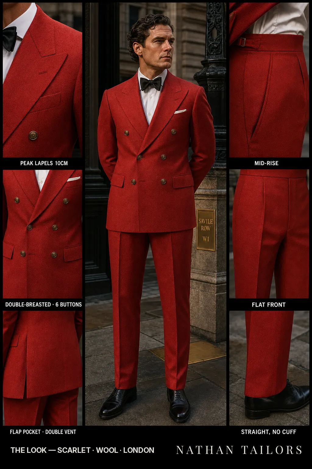 scarlet herringbone double-breasted peak-lapel bespoke suit — AI-rendered by Nathan Tailors, the Hoi An custom tailor. Available as a custom tailored suit from $149.
